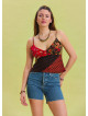 Patterned V Neck Thin Straps Red Summer Blouse 4437
